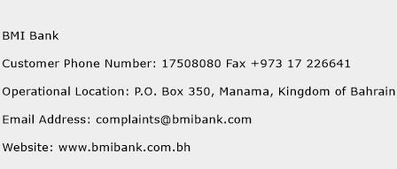 BMI Bank Phone Number Customer Service