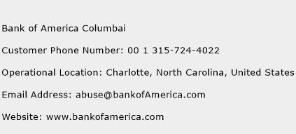 Bank of America Columbai Phone Number Customer Service