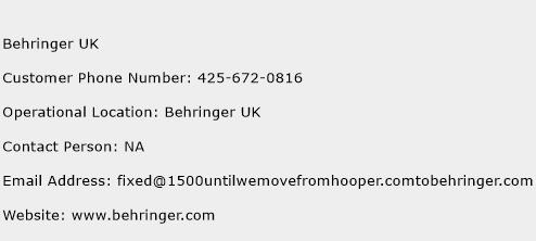 Behringer UK Phone Number Customer Service
