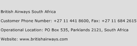 British Airways South Africa Phone Number Customer Service