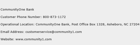 CommunityOne Bank Phone Number Customer Service
