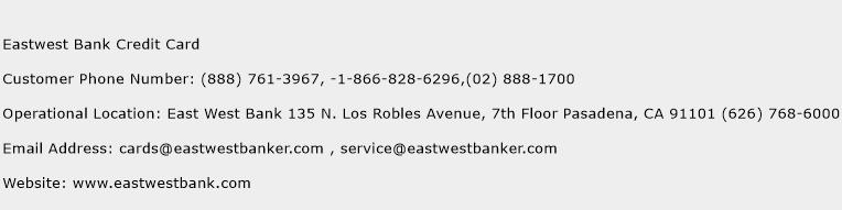 Eastwest Bank Credit Card Phone Number Customer Service