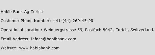 Habib Bank Ag Zurich Phone Number Customer Service