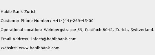 Habib Bank Zurich Phone Number Customer Service