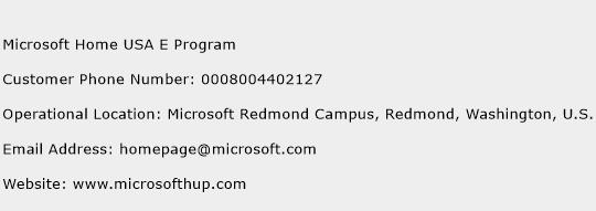 Microsoft Home USA E Program Phone Number Customer Service
